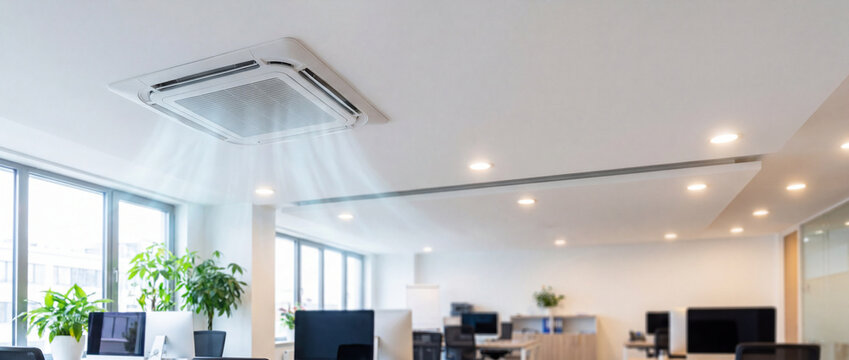 Ceiling air conditioner in modern office blowing fresh cool air into a bright spacious workspace with desks and green plants, perfect for corporate climate control marketing