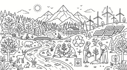 Fototapeta premium Sustainable living and eco-friendly community in harmony with nature. People planting trees, using renewable energy, and protecting wildlife in a g...