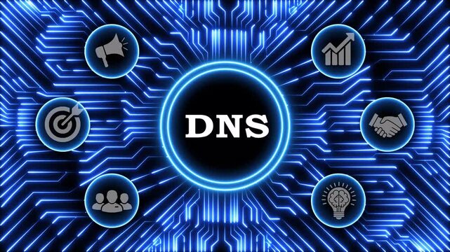 Domain name system technology concept glowing on digital circuit background.