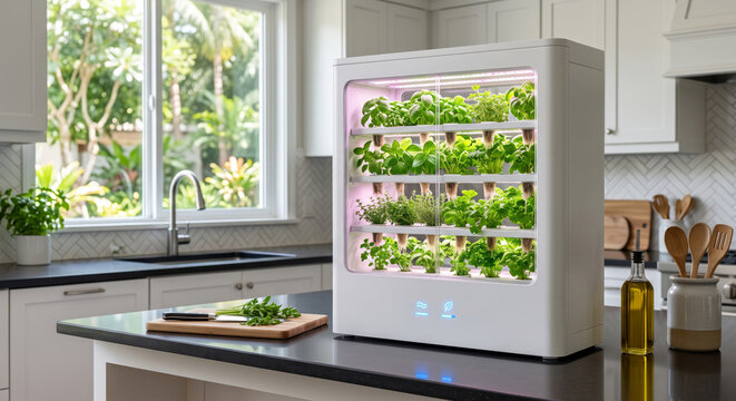 Minimalist Home Hydroponic Appliance Growing Fresh Herbs