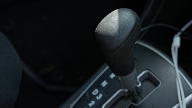 A paw grips and shifts the automatic gear lever inside a car, then releases it near the park and drive settings.