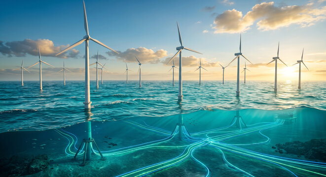 Offshore Wind Turbines with Futuristic Underwater Power Grid