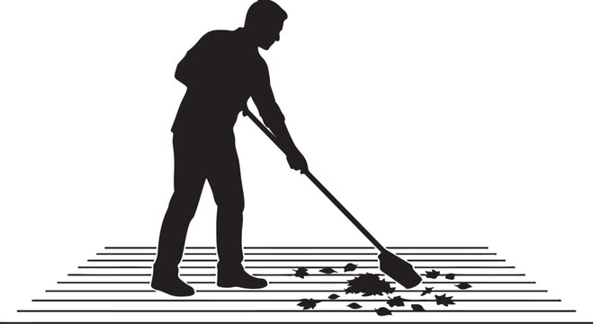 Man sweeping autumn leaves on wooden deck silhouette vector