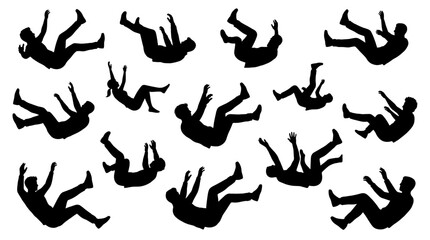 Fototapeta premium Collection of Silhouette Figures Falling Downwards in Free Fall Isolated on White Background for Dynamic Action Design