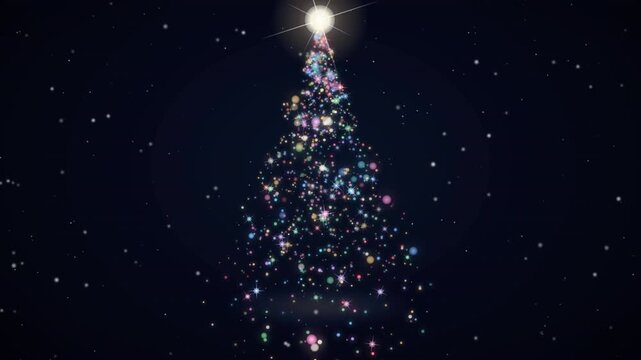 Glowing Multicolored Particle Christmas Tree with Continuous Snowfall