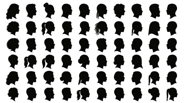 Diverse collection of diverse profile silhouettes representing a variety of human heads and hairstyles for creative projects