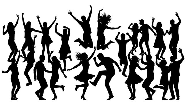 Black silhouettes of active crowd dancing and jumping at party