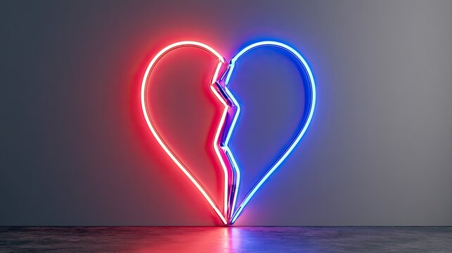 A neon broken heart, half red, half blue, against a gray wall