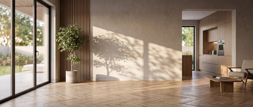 Empty modern minimalist sunlit living room with natural wooden parquet flooring, a potted green plant casting soft shadows on a beige plaster wall, and a kitchen background for interior design