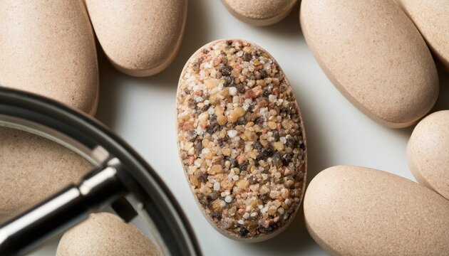 Close-up of a speckled pill surrounded by smooth, light-colored tablets