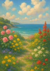 Naklejka premium Vibrant coastal floral landscape wallpaper.