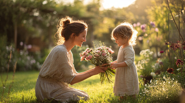 Mother's Garden Gift: A loving mother gently passes a bouquet of flowers to her young child in a sun-drenched garden, creating a tender moment of connection and beauty.