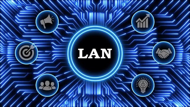 Lan network system connection concept with digital circuit board glowing animation.