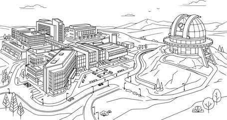 Obraz premium City landscape. Line urban backdrop, different buildings on street, doodle street draw, outline cityscape hand sketch, flat houses. Hand drawn vector illustration
