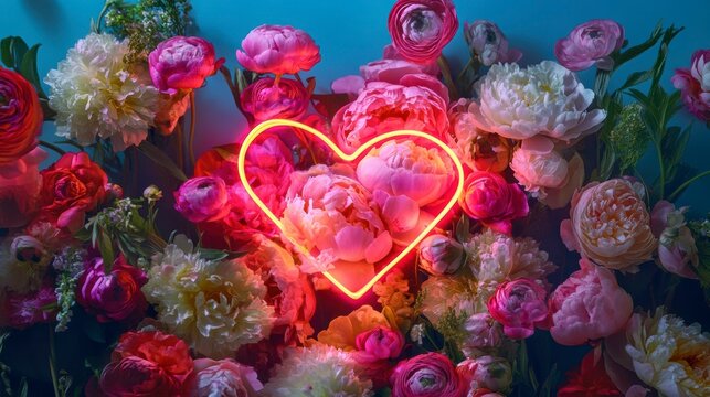 Neon heart shape surrounded by pink, white, and red peonies and ranunculus flowers on a teal background.