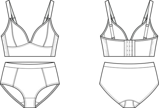 Women's seamless supportive bra and high waist briefs lingerie set CAD drawing flat vector illustration front back view template outline