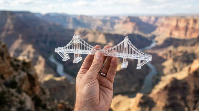 Hand holding a miniature bridge model with a grand canyon landscape in the background.