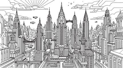 Fototapeta premium City landscape. Line urban backdrop, different buildings on street, doodle street draw, outline cityscape hand sketch, flat houses. Hand drawn vector illustration