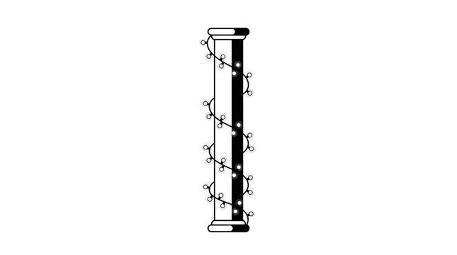 A stylized black and white illustration of a classical pillar wrapped in decorative vines.
