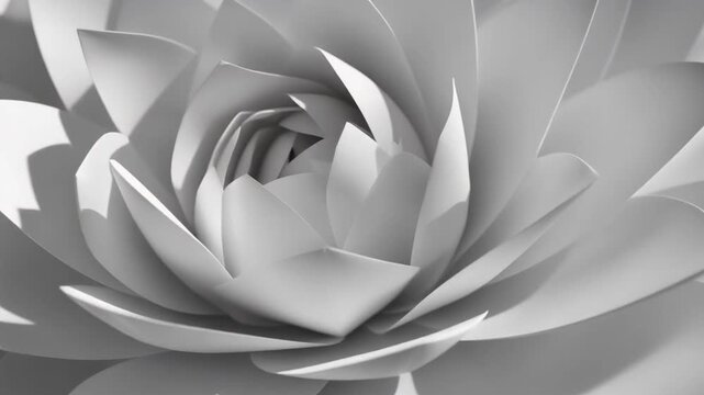 Handcrafted paper sculpture unfolds through elegant geometric layers with matte white texture, soft daylight and delicate shadows, creating refined minimalist editorial background.