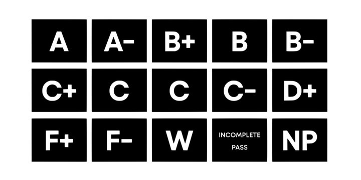 Grade Icons Featuring Letter and Symbol Combinations on Black Squares with White Lettering Featuring Education, School, Academic