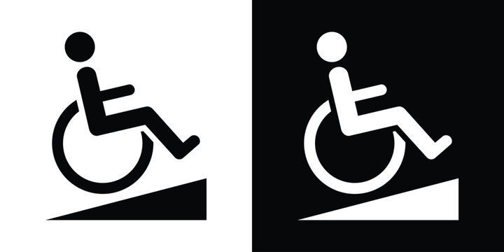 Accessible wheelchair ramp vector icon set. Minimalist black and white sign showing a person in a wheelchair navigating a slope for disabled access.