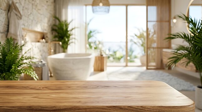 Empty Wood Table Top over Blurred Luxury Tropical Spa Bathroom Interior Background for Product Presentation Mockup