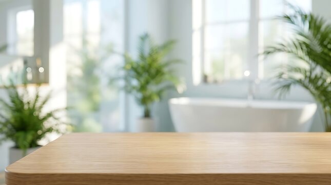 Empty wooden table top mockup with blurred bathroom background for product display in bright spa interior scene at home