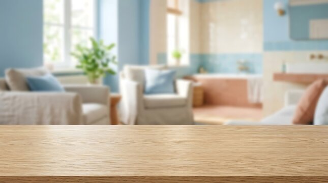 Empty Wooden Tabletop Surface Blurred Interior Living Room Background for Product Presentation Display Mockup Banner
