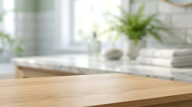 Empty Wooden Tabletop with Blurred Modern Bathroom Interior Background for Product Display Mockup and Wellness Design.