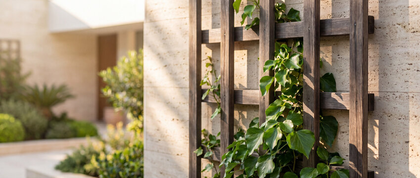 Green plant on wooden trellis wall with climbing ivy leaves on a textured stone facade in warm sunlight, perfect for exterior home design and modern backyard landscaping inspiration
