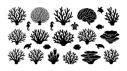 Coral Reef Silhouette Set - Marine Life Vector Icons © Enamul