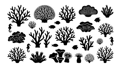 Coral Reef Silhouette Set - Flat Vector Sea Life Illustration © Enamul