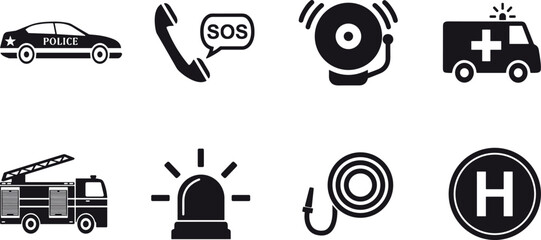 Emergency response silhouette icon set with police car ambulance fire truck alarm siren and helipad symbols vector © arifa journal!