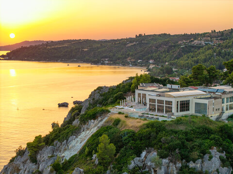 Aerial View of Thermal Spa Agia Paraskevi at Sunset in Chalkidiki, Greece.