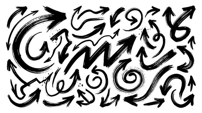 Hand-drawn Arrow Collection: A dynamic set of black, hand-drawn arrows with a brushstroke effect, pointing in various directions and curves, symbolizing direction and movement.