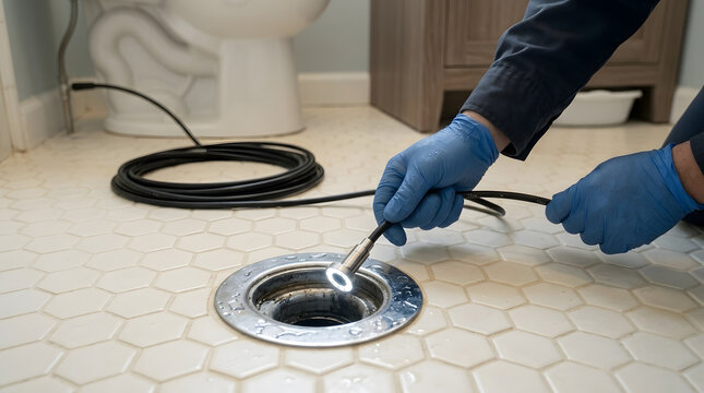 Plumber Inserting Endoscope Camera into Bathroom Floor Drain | Close Up of Plumber Hands Checking Drain Pipe with LED Probe | Residential Drain Inspection and Diagnostic Plumbing Service 