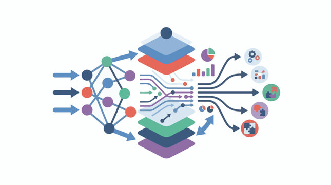 Abstract representation of neural network layers processing data inputs