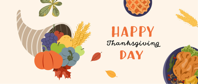 Happy Thanksgiving Day horizontal greeting banner. Autumn background with cornucopia, pumpkin, fruits, pie, roasted chicken, and fall leaves. Vector illustration. 