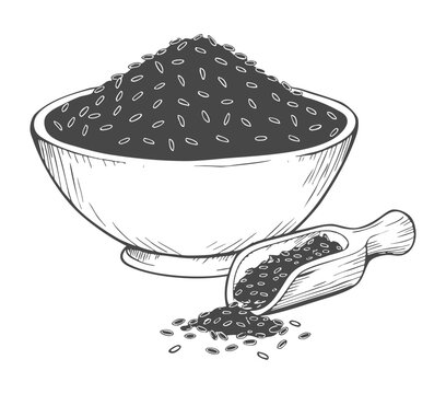 Hand Drawn Bowl And Scoop Filled With Grains Or Seeds In Sketch Style