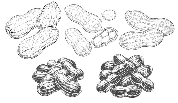 Vintage Line Art Collection of Peanuts in Shells and Shelled