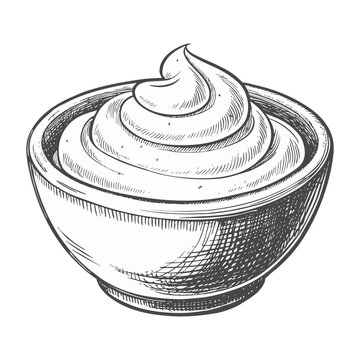 Hand Drawn Sketch of Creamy Sauce or Dip in a Bowl