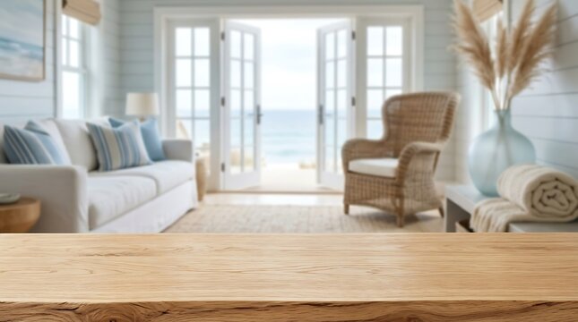 Empty Wooden Table in Beach House Interior for Product Display Mockup with Blurred Ocean View Coastal Living Room Home