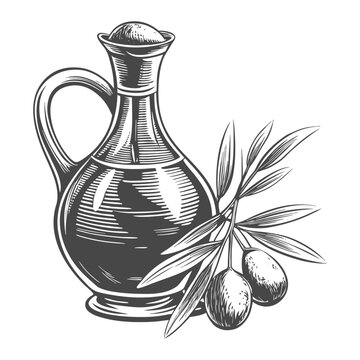 Olives with olive branch and oil jug. Elements for cosmetic, food, ads, oil design