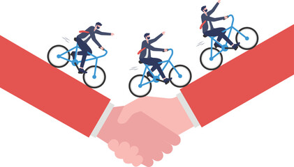Fototapeta premium Business people on bicycles riding towards a handshake