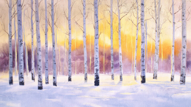 Watercolor Winter Forest with Tall Birch Trees at Sunset