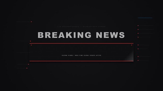 Modern digital breaking news signal graphic displaying on a sleek dark broadcast interface screen from a front view, featuring clean futuristic text.