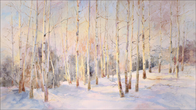 Watercolor Winter Forest with Tall Birch Trees at Sunset