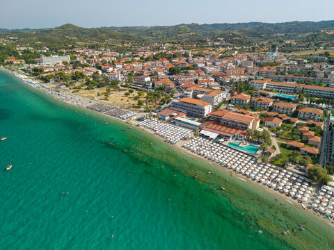 Aerial View of Hanioti Beach in Chaniotis Village, Chalkidiki