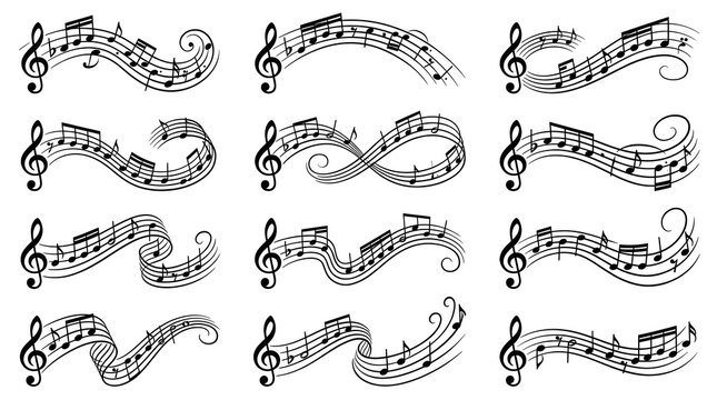 Musical Notes and Symbols: A collection of elegant, flowing musical notes and clefs arranged in various artistic scrolls and curves, symbolizing melody, rhythm, and harmony.